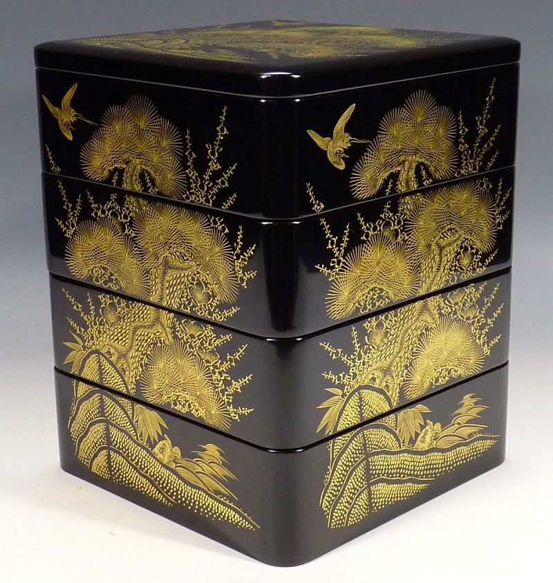 TR》伝統工芸 稲忠漆芸堂謹製 輪島塗 松竹梅に鶴亀沈金蒔絵 屠蘇器 七