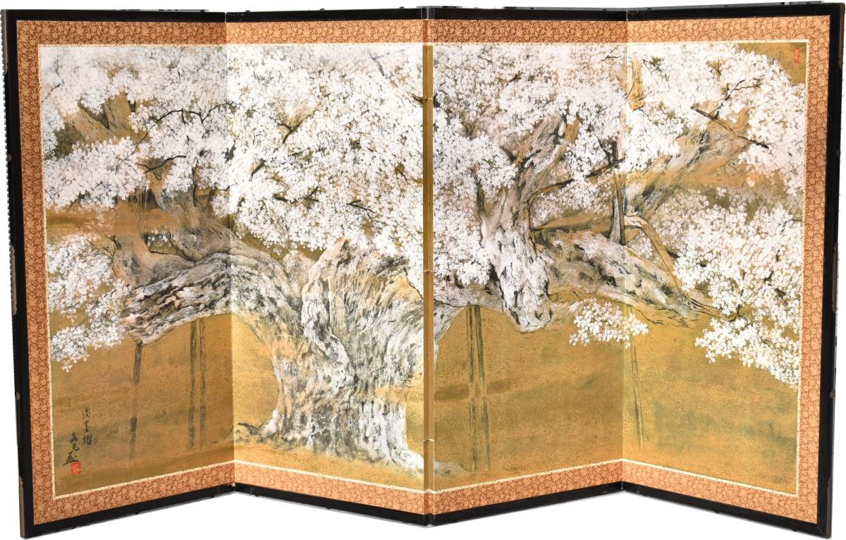 伊藤嘉晃 淡墨桜図 屏風 四曲一隻 複製画 日本画家 四曲一隻 屏風 伊藤嘉晃 - ◇秋酒◇日本画家・伊藤嘉晃筆「