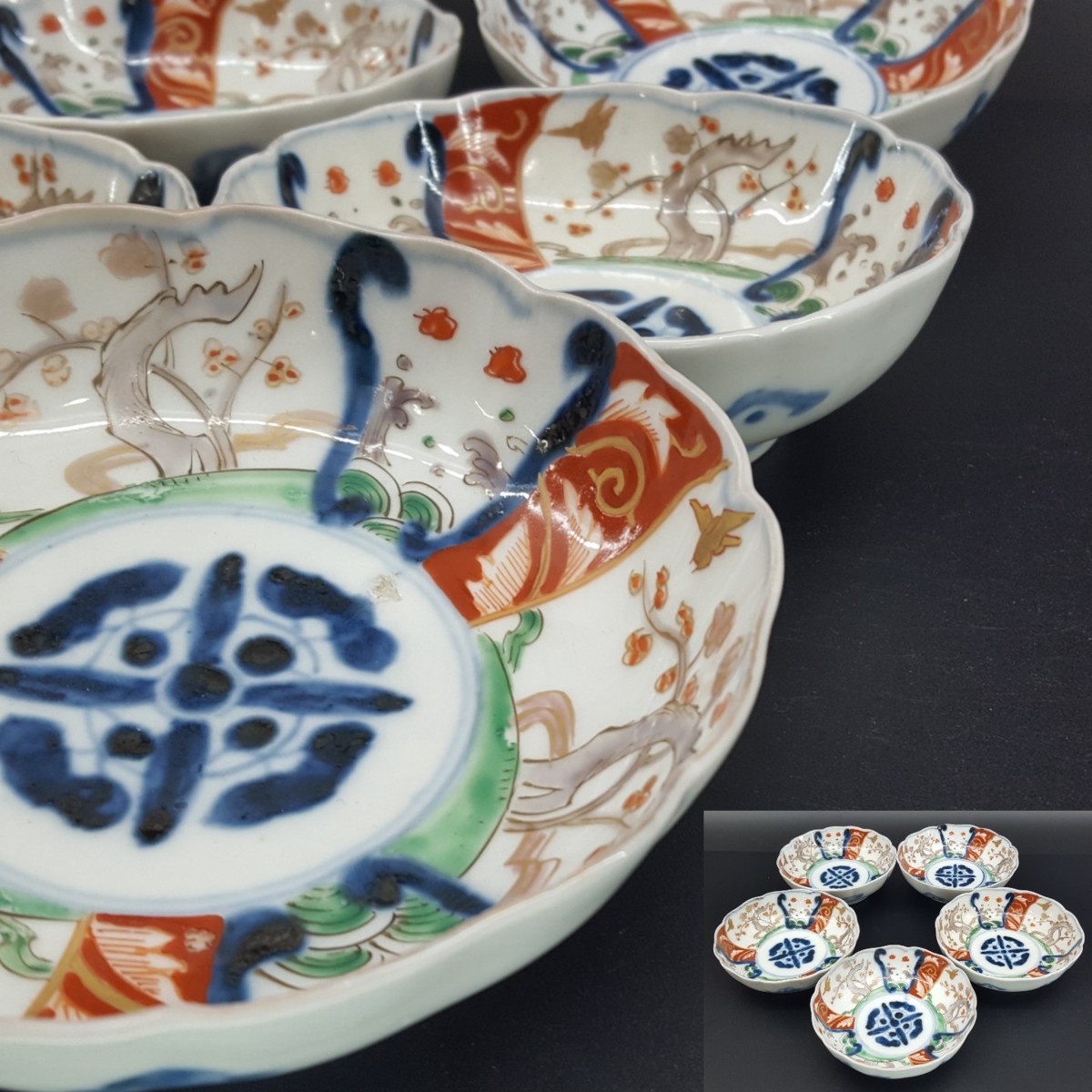 宝蔵】伊万里 時代染錦 『錦手花鳥文膾皿』 なます皿五客 15cm 無傷