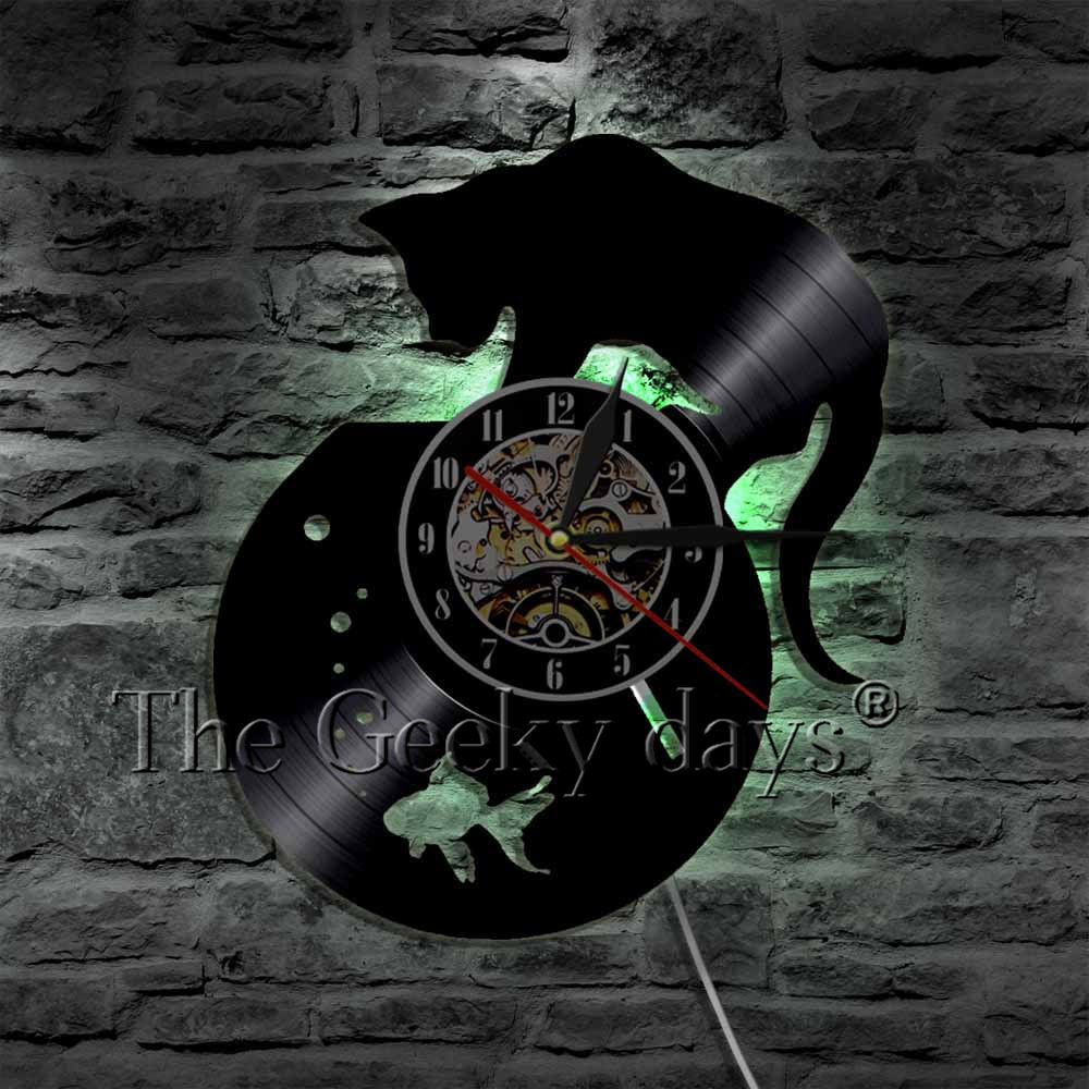 黒猫 金魚鉢 ネコ 猫 壁掛け時計 壁アート 30cm レコード盤 