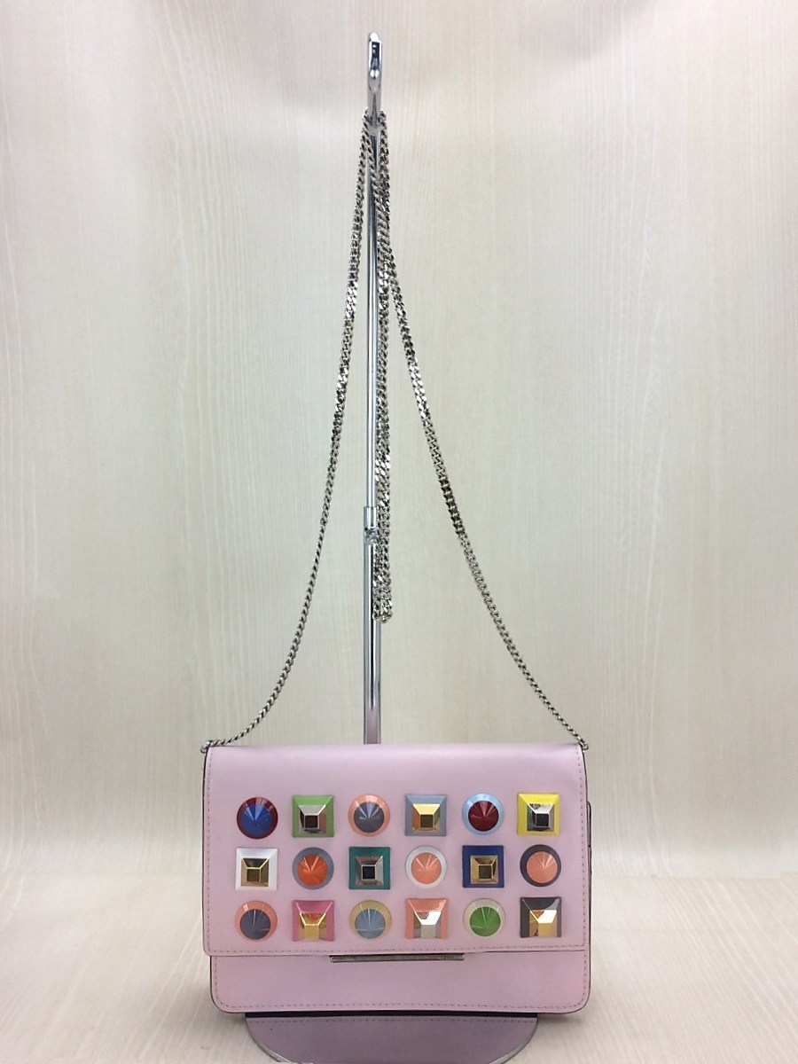 FENDI◆長財布/ウォレット/レザー/ピンク/レディース/チェーン/バッグ/スタッズ