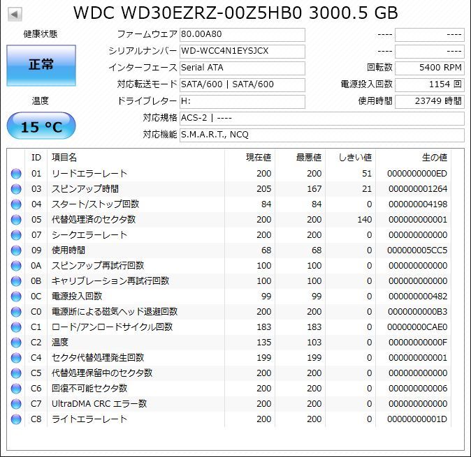 Western Digital 3.5インチ HDD 3TB WD30EZRZ SATA 23,749時間 不良セクタ6 動作品 管理02_3
