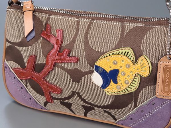 コーチ ハンドバッグ アクセサリーポーチ キャンバス レザー 魚 1491 TB1721*コーチ COACH*シグネチャー アップリケデミ☆熱帯魚*キャンバス