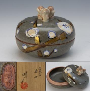 茶道具】清閑寺窯 杉田祥平 色絵乾山三申 香合 桐共箱 保証品