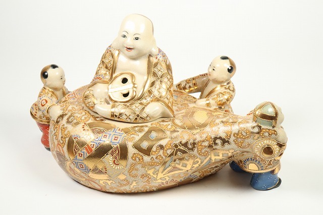 古九谷造 金襴手 金彩色絵細密絵付 布袋像 古陶磁製 薩摩焼 骨董品 古