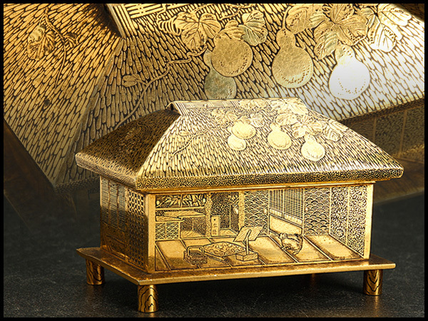 CI178 時代物 金工 金象嵌瓢箪葉図葛屋香炉・金鍍金瓢蔦図葛屋香爐・金