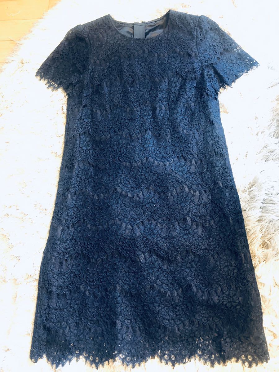アナイワンピース36ネイビー 中古美品／ANAY／アナイ／総レース／ワンピース／半袖／36／S～M／紺