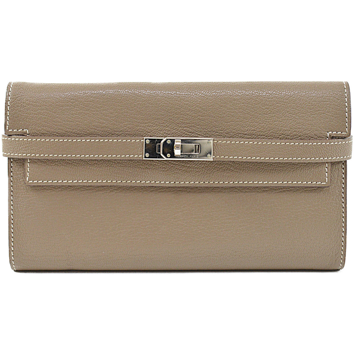 ◆エルメス◆ケリー ロングウォレット エトゥープ シルバー金具 シェブルミゾル 長財布 □P刻印 HERMES KELLY WALLET