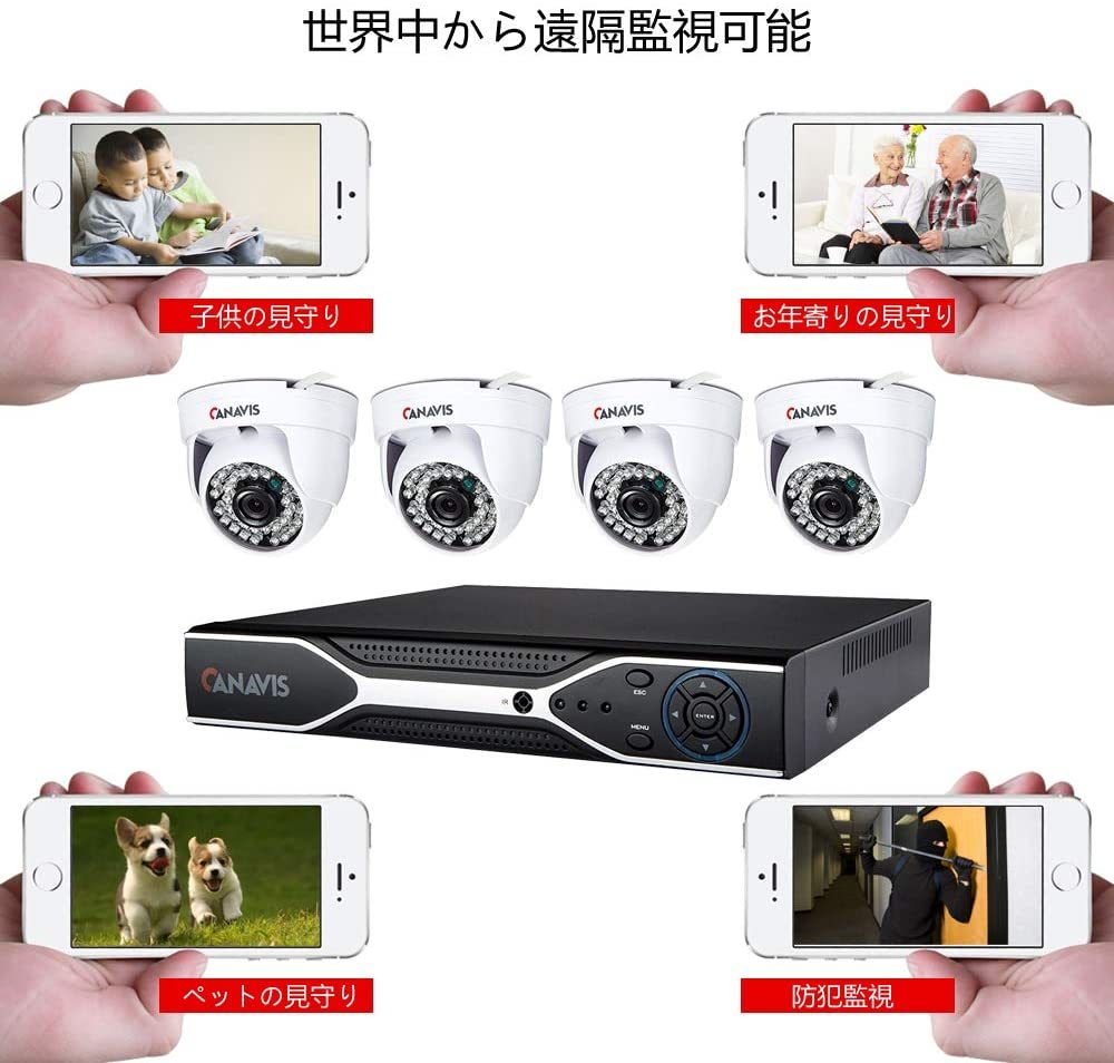 CANAVIS ドーム型防犯カメラ 720P 100万画素 録画 赤外線暗視 夜間 屋内用 モーション感知 遠隔監視 カメラ2個+4個 計6個セット HDD無し_4