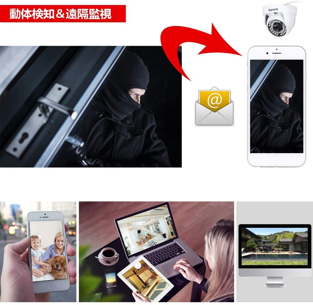 CANAVIS ドーム型防犯カメラ 720P 100万画素 録画 赤外線暗視 夜間 屋内用 モーション感知 遠隔監視 カメラ2個+4個 計6個セット HDD無し_5
