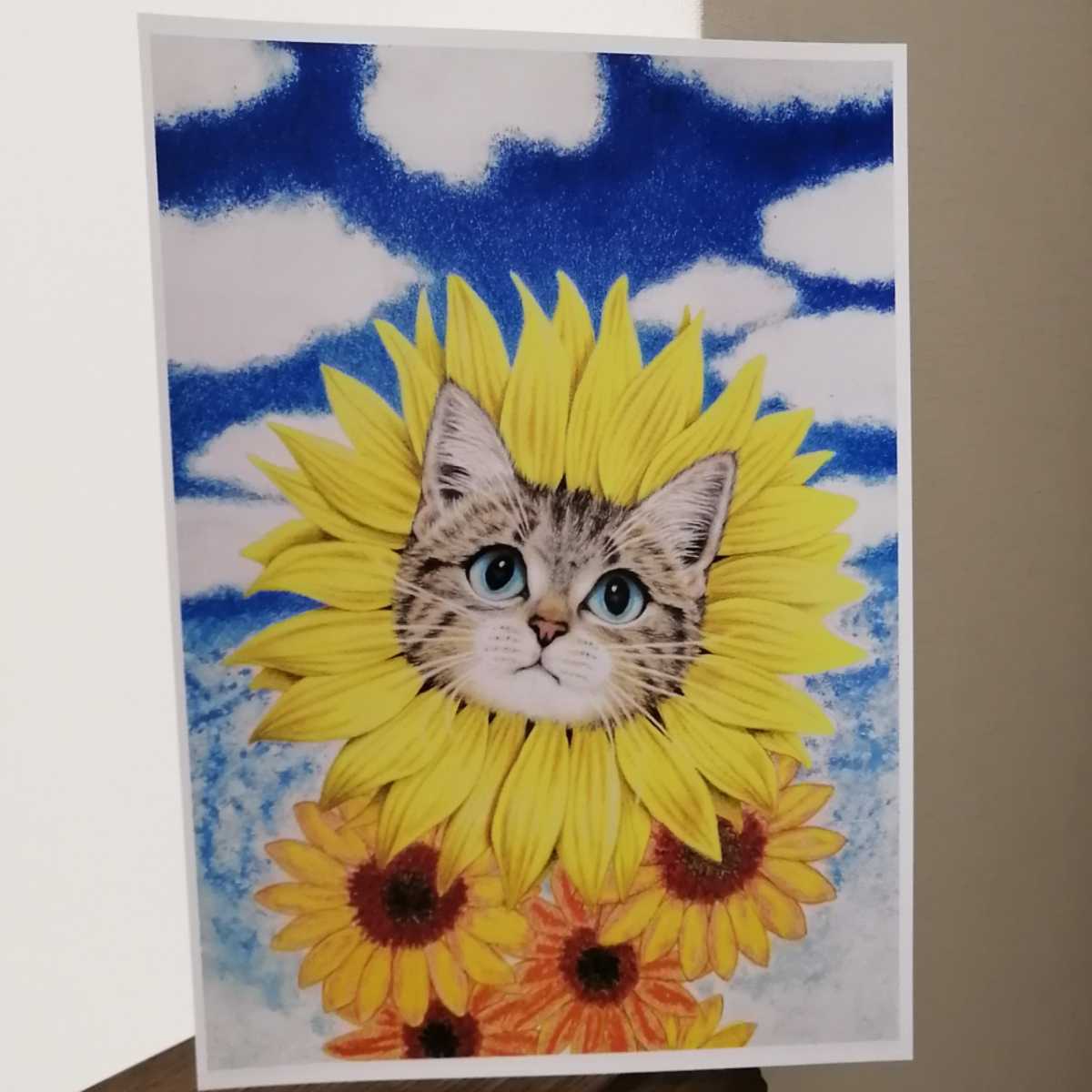 額付き プリント イラスト 絵 猫 キジ猫 ひまわり 可愛い 癒し A4