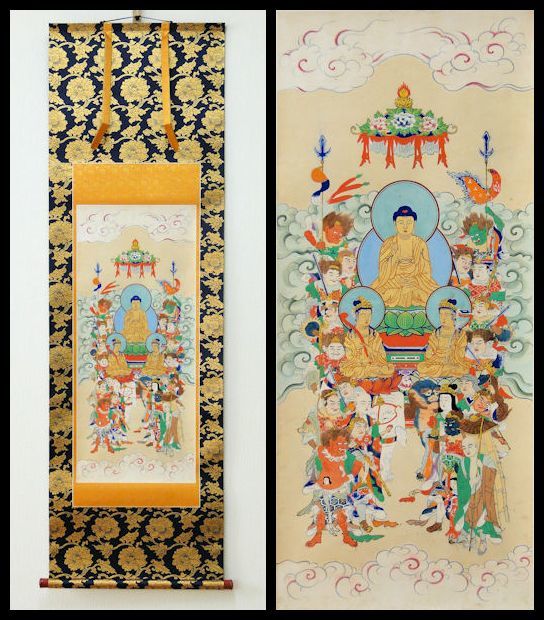 仏画 釈迦三尊十六善神図 掛軸 仏教美術 江戶時代