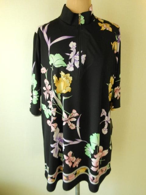 新品☆黒地にレオナール風の花柄とキラキラ付の衿ジッパーカットソー☆ＬＬサイズ