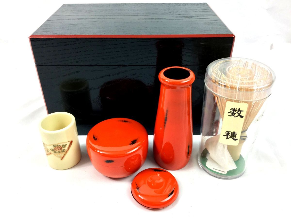 三】 美品 利休茶箱5点セット 香合 棗 茶筅立 茶巾筒 茶筅