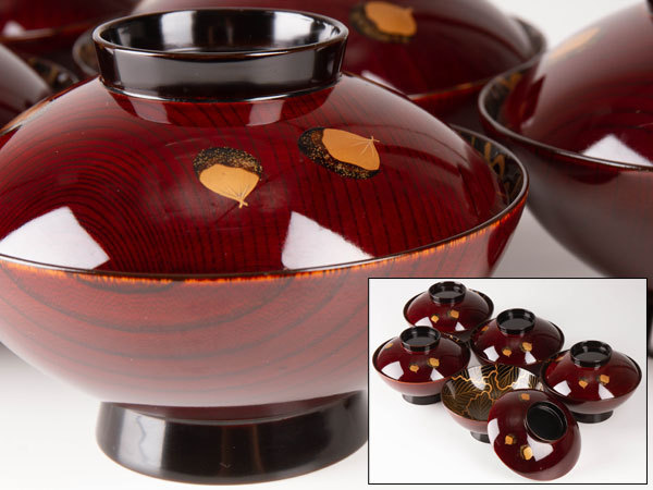 懐石道具 A762 黒塗 鶴に紅葉蒔絵 吸い物椀 木製輪島塗 5客 茶道具