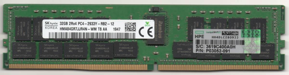 HPE純正，SKhynix、DDR4-2933、ECC Registered、32GB、中古 Z4G4/Z6G4
