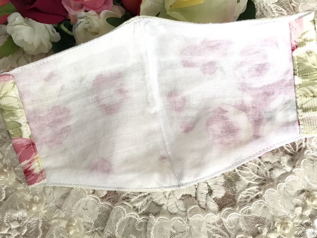 ハンドメイド　立体インナーマスク　YUWAドビー柄織り地に素敵なショッキングピンクの薔薇柄生地とシングルガーゼの合わせ　息もし易い_4