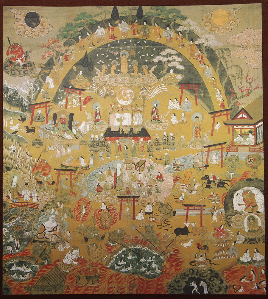 熊野比丘尼 地獄極楽図 熊野観心十界曼荼羅 工芸 絹本 共箱 大幅 書画 掛軸 仏教美術 仏画 宗教絵画 女性宗教者 尼僧 絵解き(人物、菩薩 ...