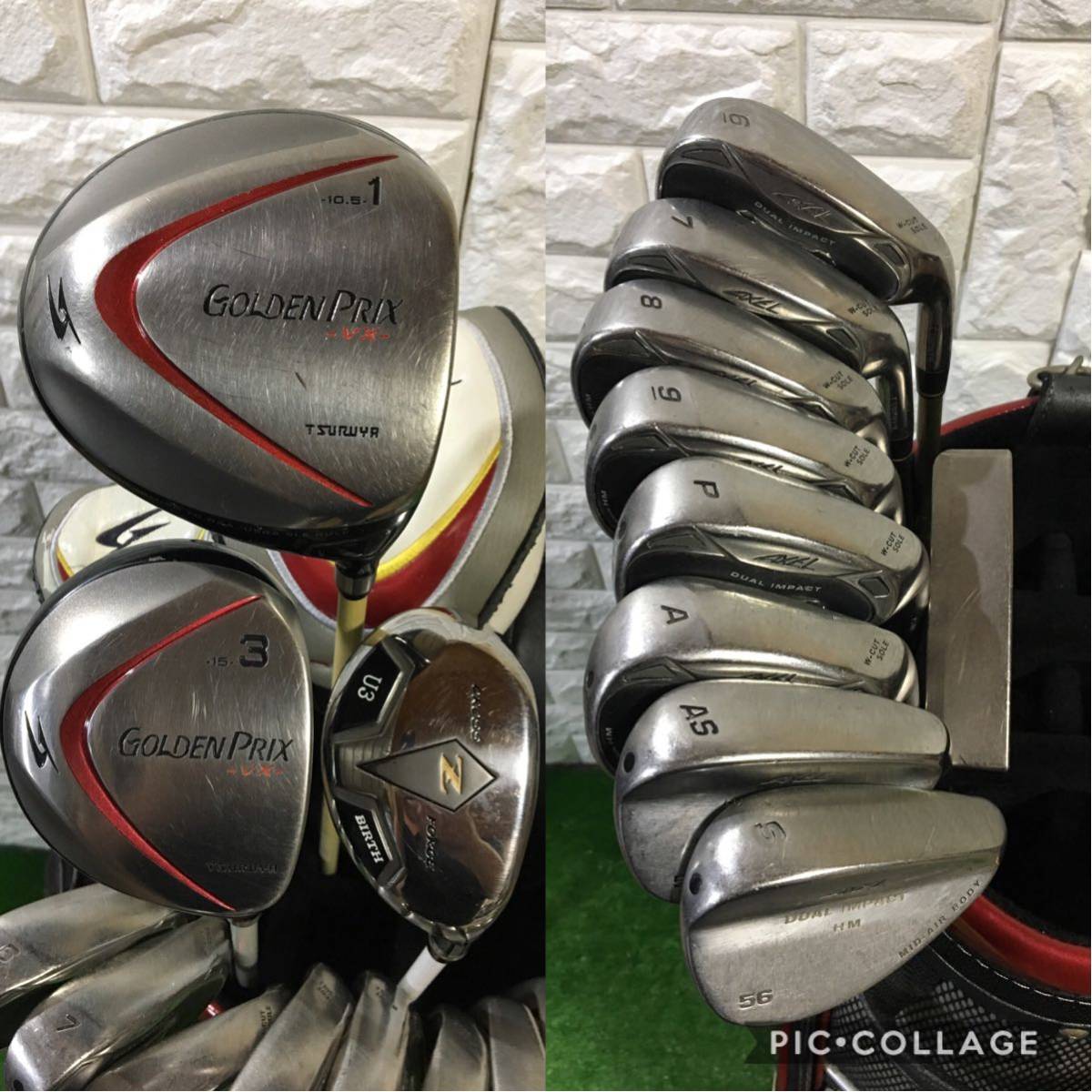 コース直行 初心者応援☆つるや ゴールデンプリックス アクセル等 男性用ゴルフクラブ つるやセット☆GOLDEN PRIX製 キャディバッグ付