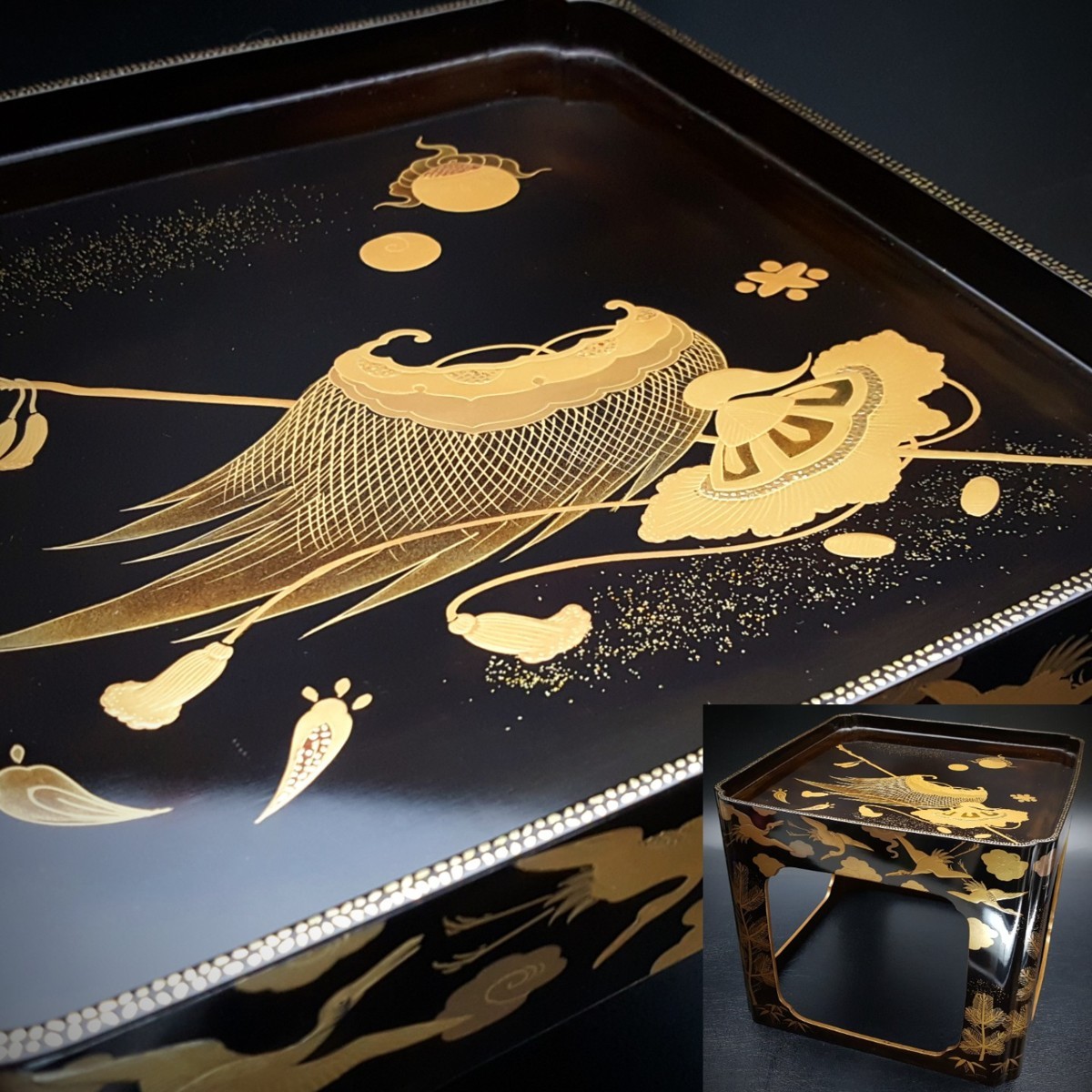 【宝蔵】時代漆器 極上美品 鶴松宝尽くし蒔絵 裏総梨地 杯台 盃台 酒器 25.5cm 時代箱