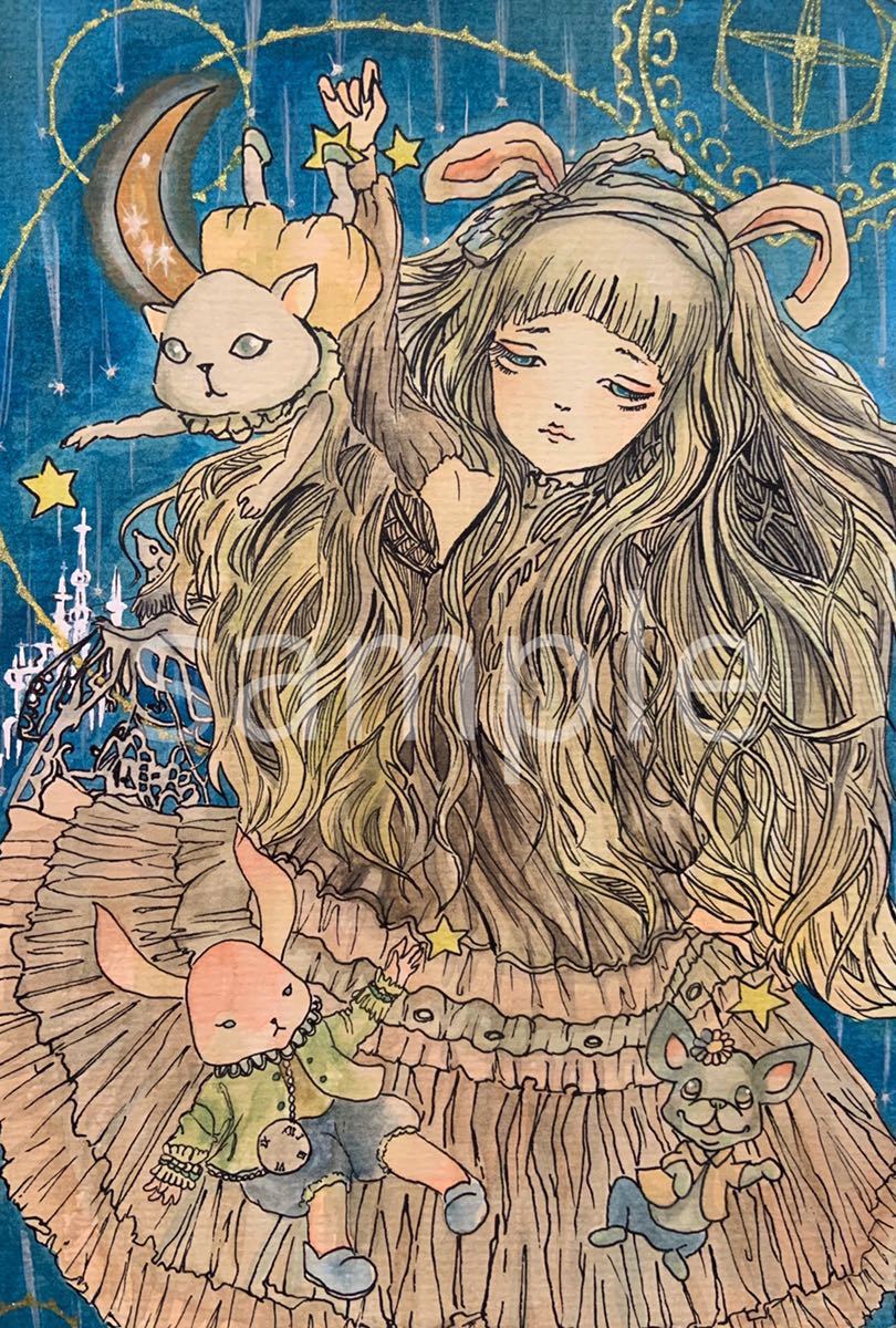 オリジナル手描きイラスト 手描きイラスト オリジナル 水彩画 【星に願いを】 手書きイラスト
