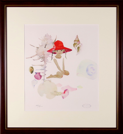 いわさきちひろ（貝がらと赤い帽子の少女）リトグラフ Acre(石版画