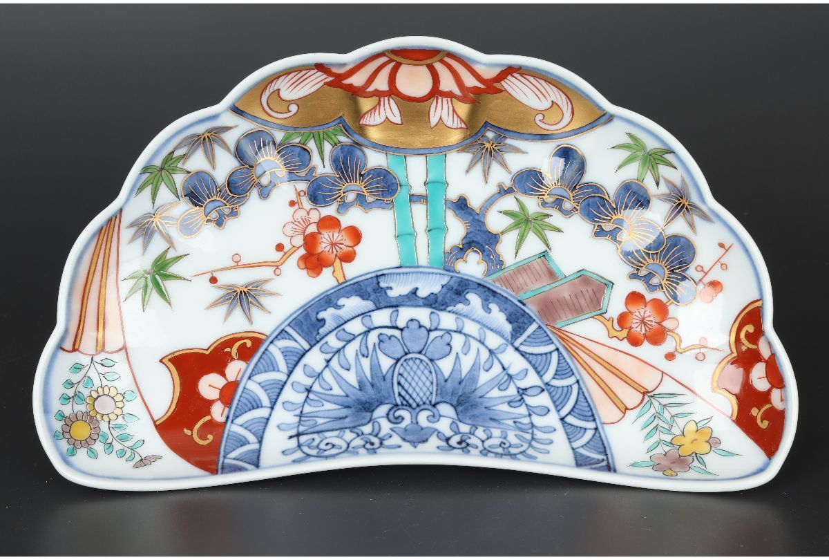 URA 福右衛門 窯/伊万里焼献上手染錦松竹梅文扇形皿5枚/共箱/4-1-159  