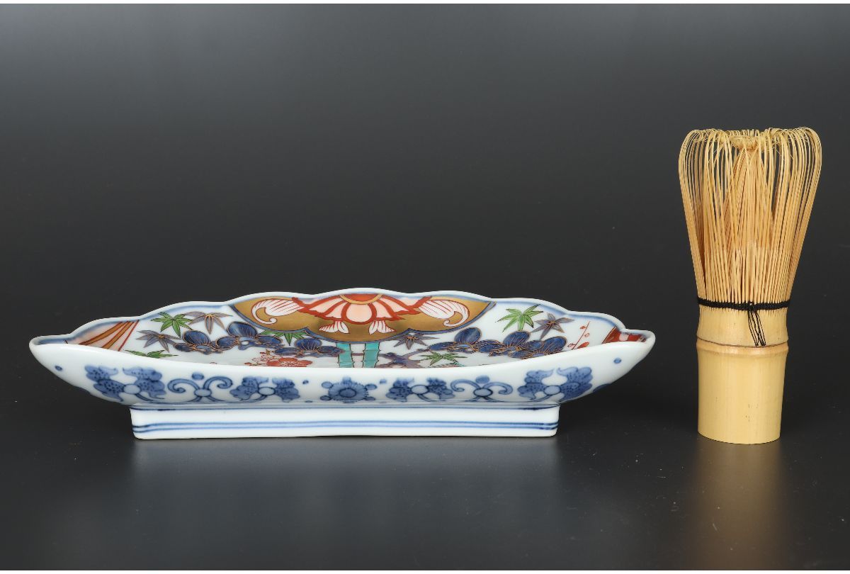 URA 福右衛門 窯/伊万里焼献上手染錦松竹梅文扇形皿5枚/共箱/4-1-159  