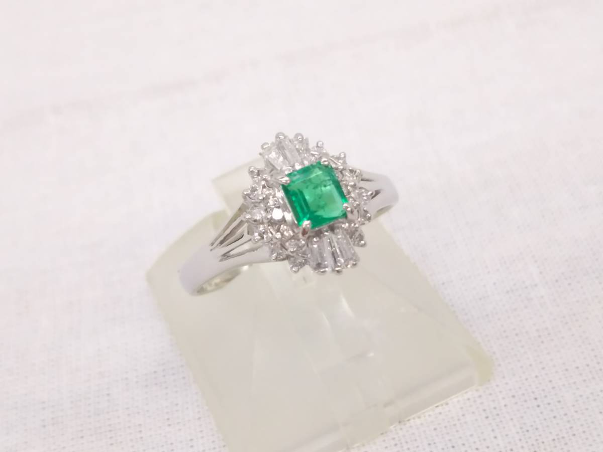 鑑別カード付】Pt900 リング ダイヤモンド0.34ct 天然エメラルド0.33ct 