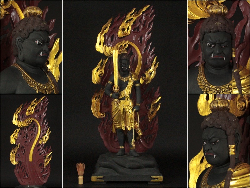 仏教美術 時代木造 仏像 彩色木彫 不動明王 立像 火炎後背【高101，5cm