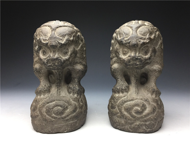時代品 石獅子 琉球獅子 天然石 彫刻 獅子置物 古美術品 ペア 2点
