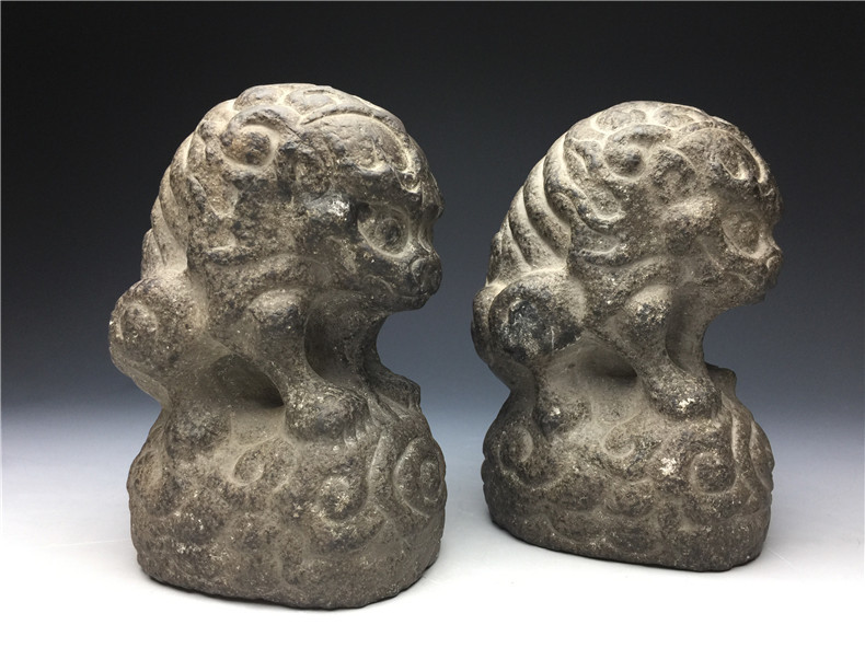 時代品 石獅子 琉球獅子 天然石 彫刻 獅子置物 古美術品 ペア 2点