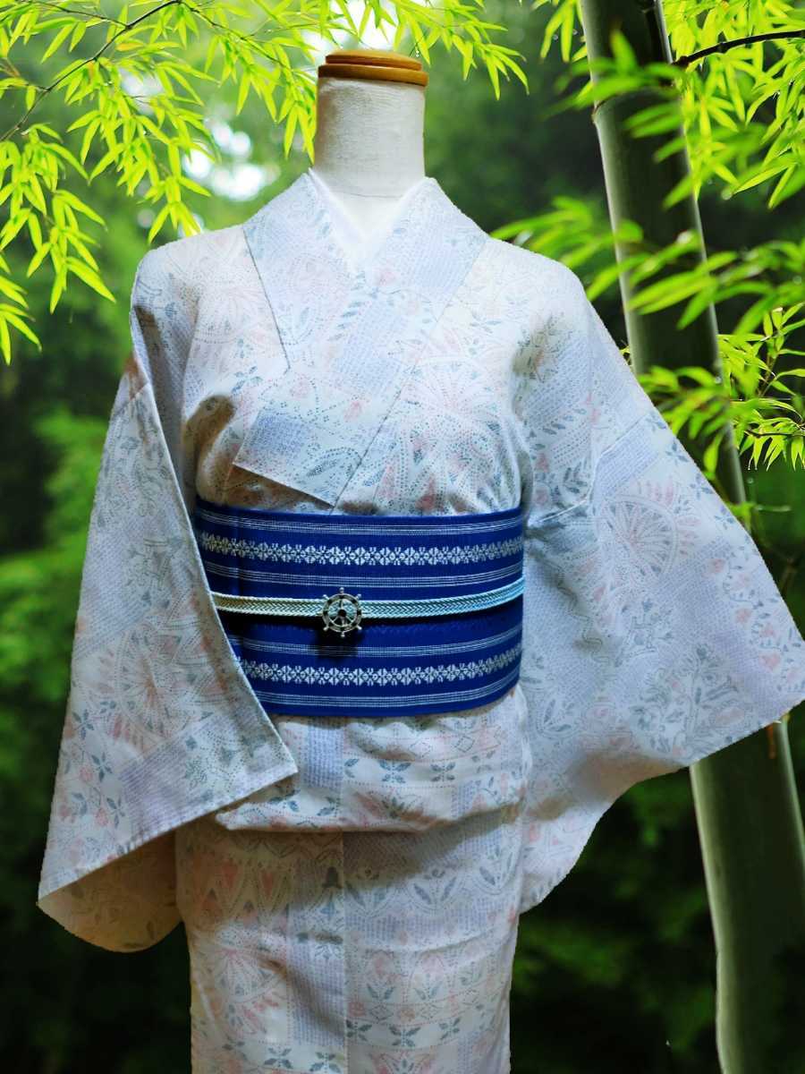 浴衣 紫陽花 白 画像 1枚目の帯 下駄 帯締め付き 大人ゆかた 品ある