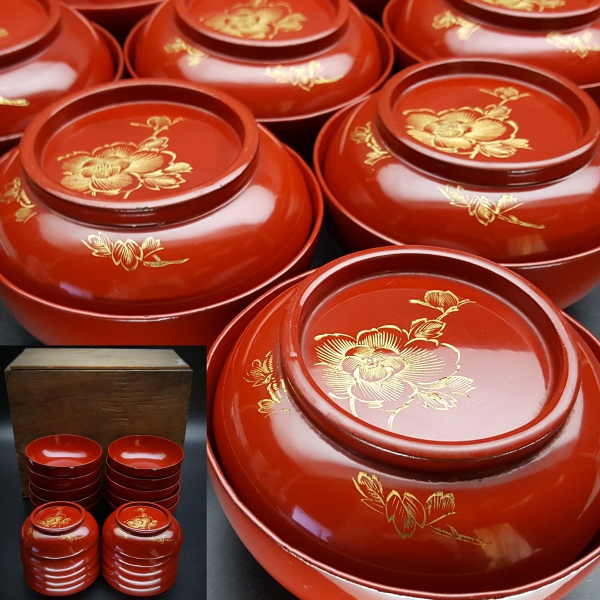 木製 輪島塗 吸物椀 漆器 蓋付椀 お煮物椀 5客 沈金蒔絵 沈金