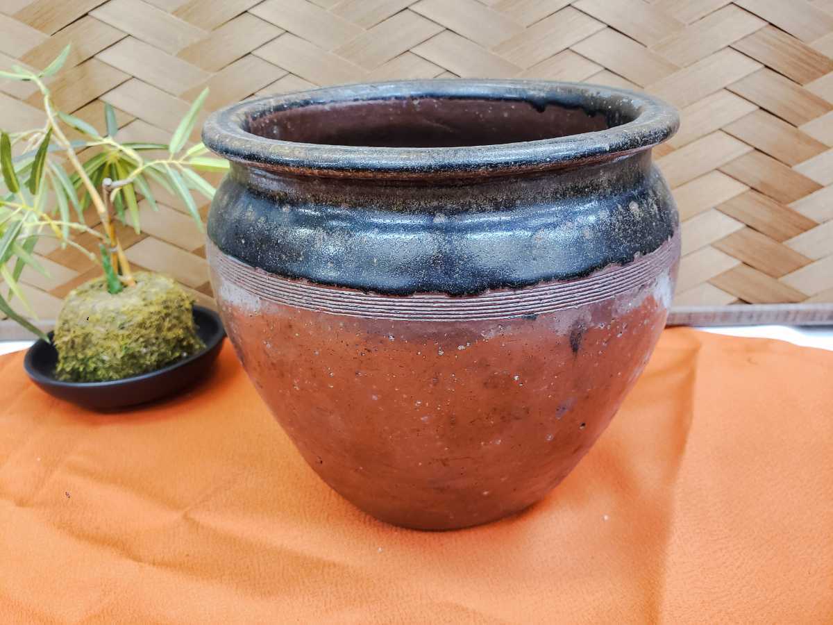 骨董】古い 水甕 甕 壺 めだか鉢 睡蓮鉢 金魚鉢 高さ18.5cm Q-116