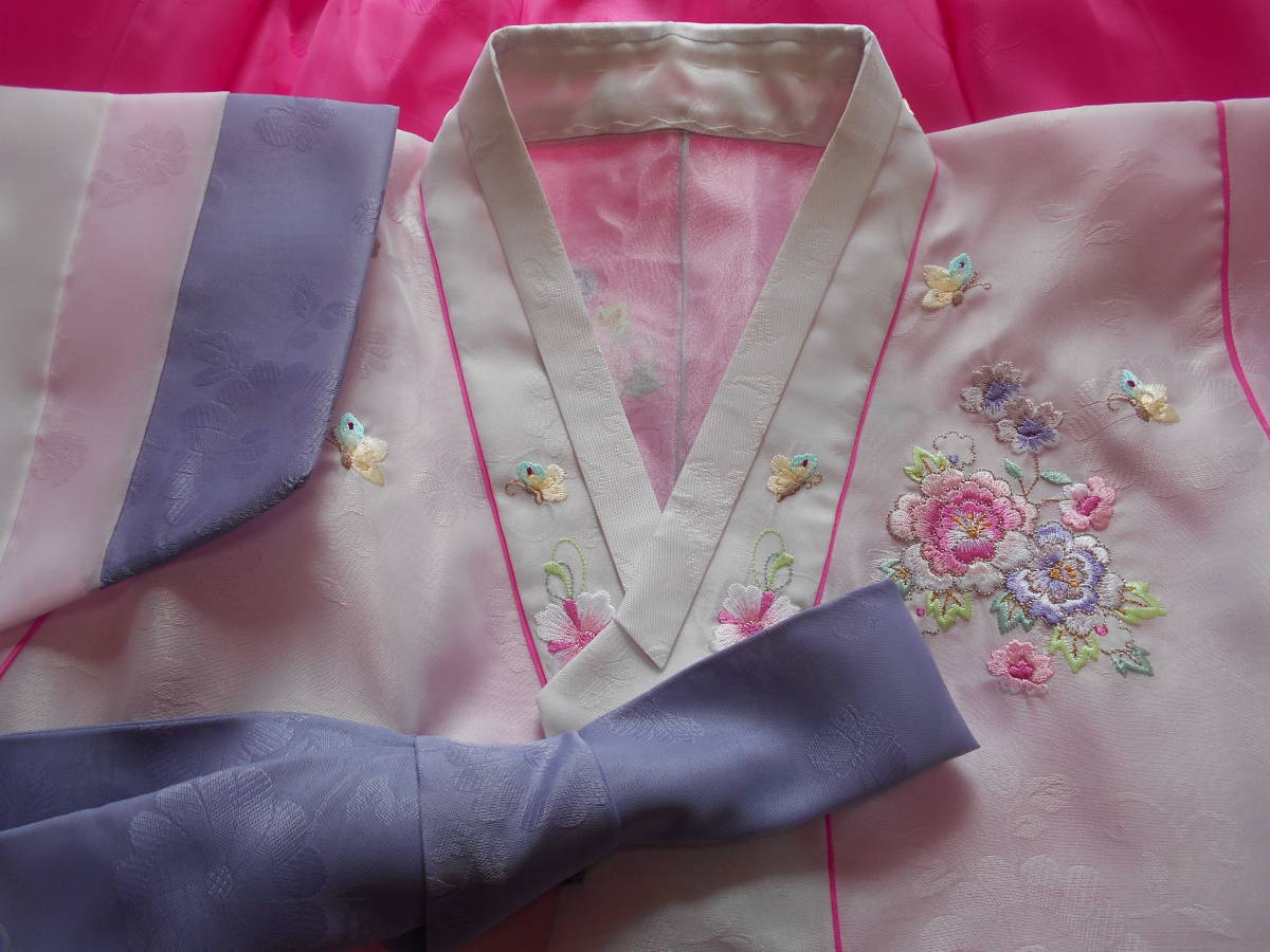 *韓服*バスト～100cｍ迄*身長～167ｃｍ迄*ピンク×白★セットン・チマチョゴリ★立体刺繍入り*美品* 