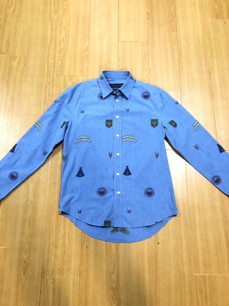 d919/超美品/ルイヴィトン/ドレスシャツ/Yシャツ/ロゴ/メンズ男性用/サイズS/長袖襟付き/青ブルー系色味/1st