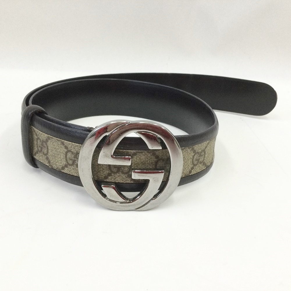 〇〇【中古】GUCCI グッチ ベルト インターロッキングGバックル レザー ベージュ×ダークブラウン 142931