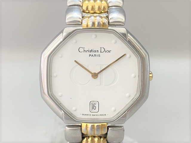 中古 駆動OK Christian Dior クリスチャンディオール オクタゴン D45-204-1 八角形 SS/GP デイト 2針 ヴィンテージ メンズ 腕時計 クォーツ