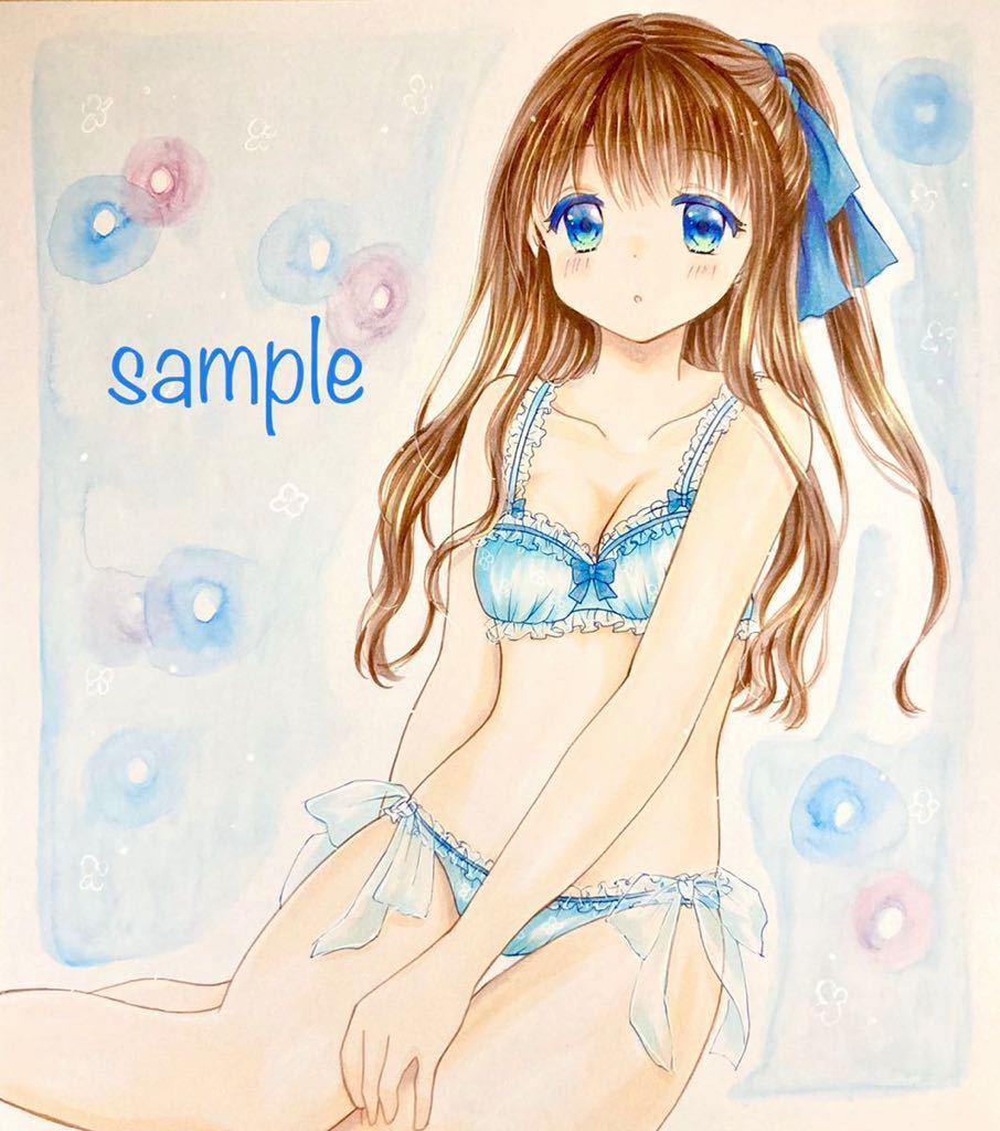 同人 手描きイラスト☆オリジナル 女の子 水色下着☆色紙 コピック
