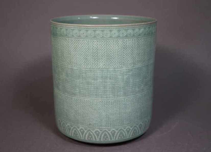 韓国人間文化財 柳根瀅 柳海剛 作 高麗青磁 白象嵌 水指 黒漆