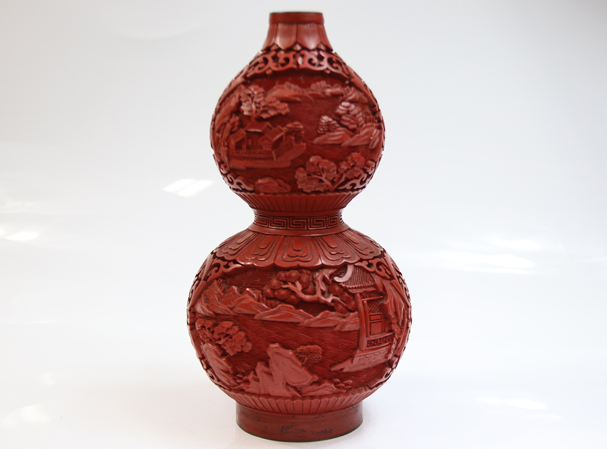 高品質，セール 0144 唐物 山水紋 瓢箪形 堆朱 花瓶 約 H23cm 中国美術