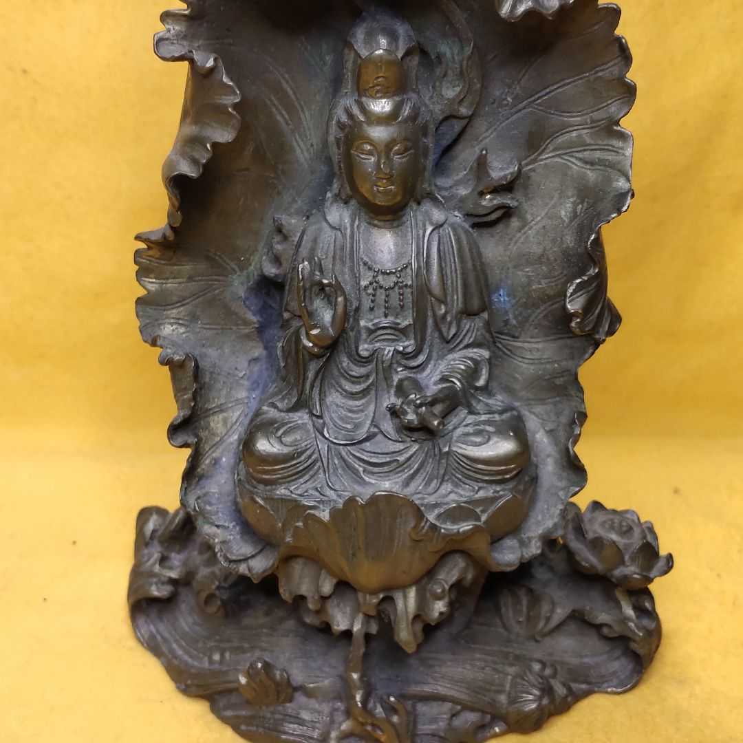 □観心・時代旧蔵□C447-2明時代 銅塗金 自在観音坐像 細工彫刻☆仏教