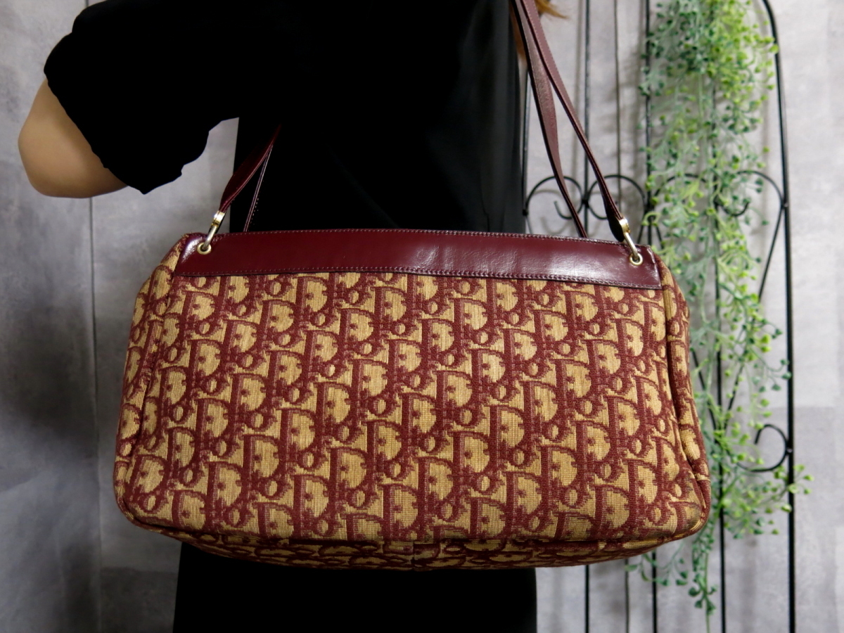 ●美品●Christian Dior ディオール●トロッター●キャンバス カーフ レザー 本革●ショルダー バッグ●ボルドー●ヴィンテージ●Js19826 Dior Christian トロッター 中古美品 原宿店限定クリスチャンディオール ネイビー