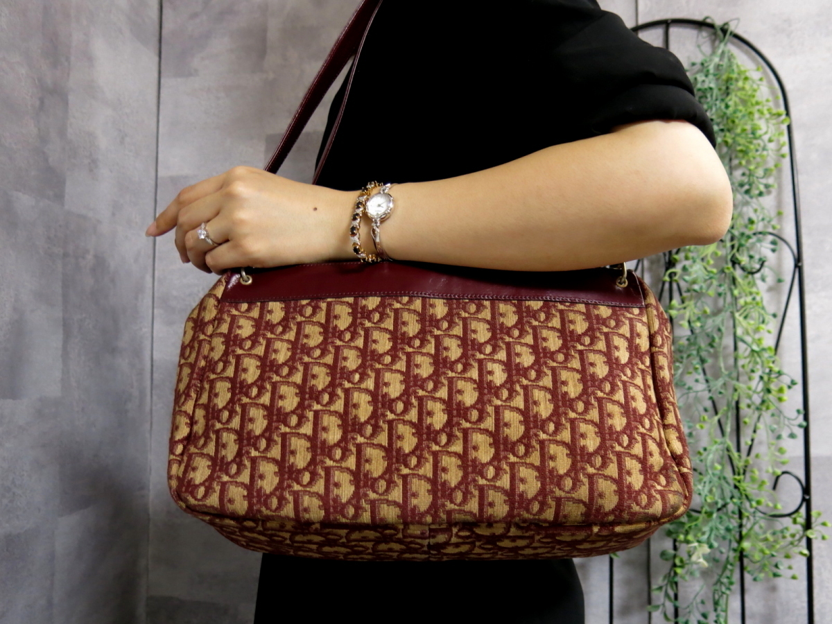 ●美品●Christian Dior ディオール●トロッター●キャンバス カーフ レザー 本革●ショルダー バッグ●ボルドー●ヴィンテージ●Js19826 Dior Christian トロッター 中古美品 原宿店限定クリスチャンディオール ネイビー