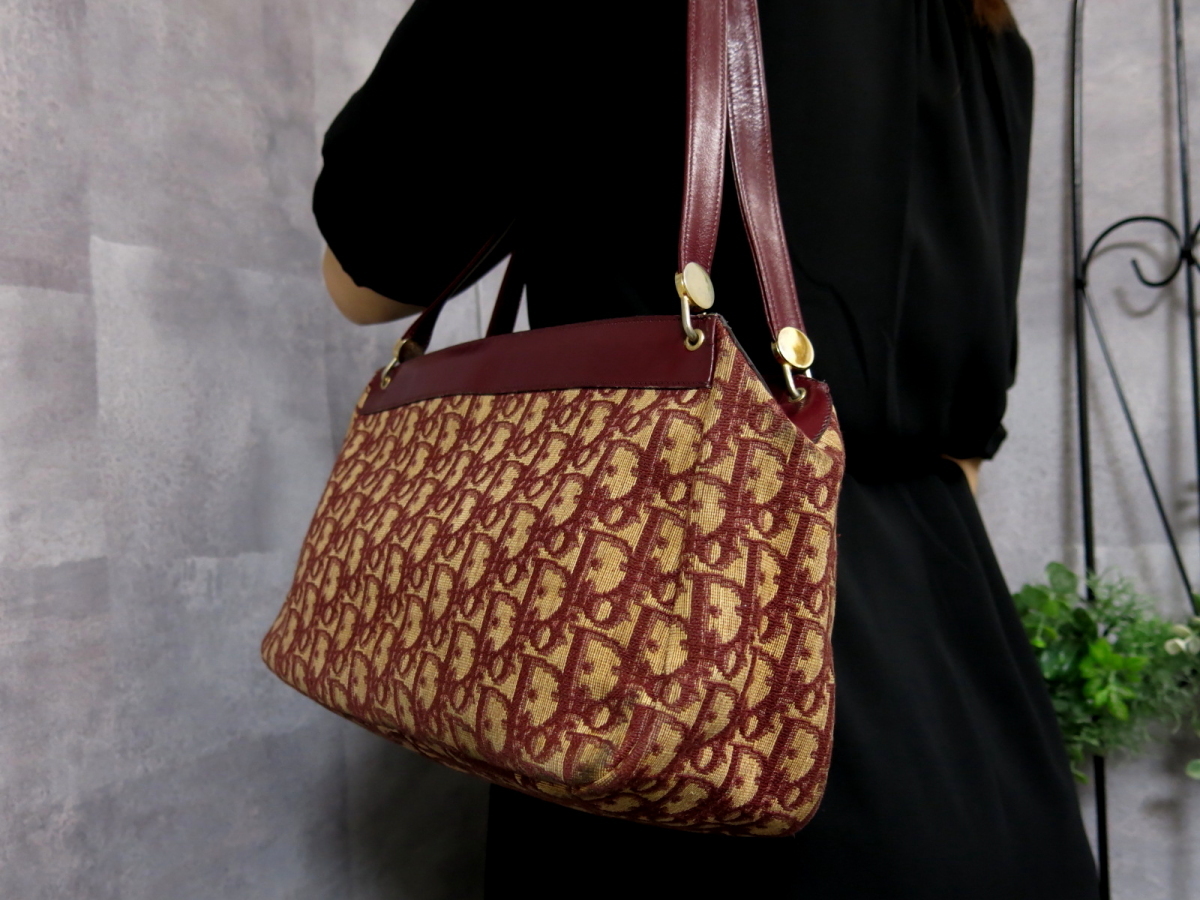 ●美品●Christian Dior ディオール●トロッター●キャンバス カーフ レザー 本革●ショルダー バッグ●ボルドー●ヴィンテージ●Js19826 Dior Christian トロッター 中古美品 原宿店限定クリスチャンディオール ネイビー