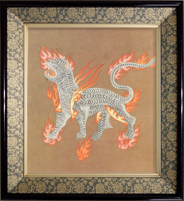 仏画 色紙額「西方神白虎」複製画 紺色緞子 額外寸29x32.5cm 仏間