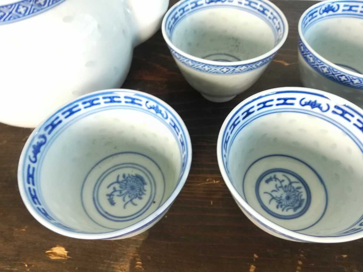 中国 : ホタル 茶器 中国景徳鎮 China 蛍焼 5客揃 湯呑 玲瓏 青花