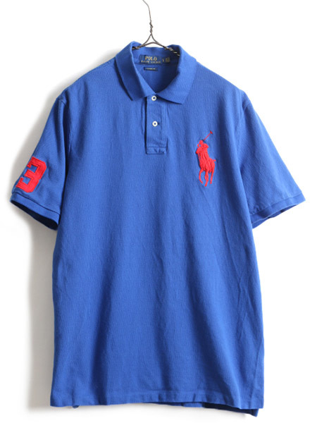 ビッグポニー ■ POLO ポロ ラルフローレン 鹿の子 半袖 ポロシャツ ( 男性 メンズ L ) 古着 半袖シャツ ナンバリング カスタムフィット 青