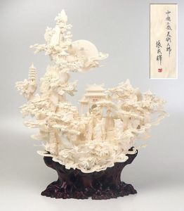 □中国工芸美術大師 張民輝作 象牙調細密彫刻置物 高さ約58㎝□｜東洋彫刻 